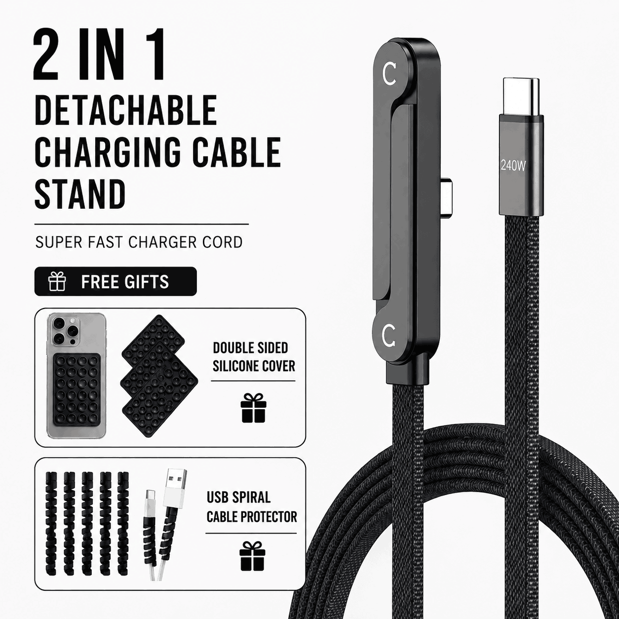 240W Type-C Fast Charging Cable | 2-in-1 Invisible Foldable Phone Stand [1.5 mtr] | Ekatra Mall EkatraMall